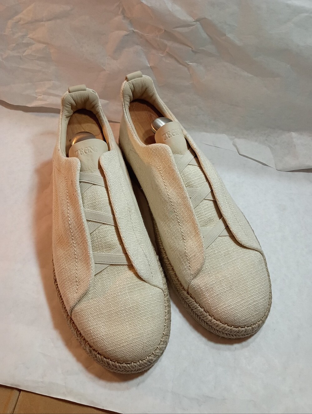 ZEGNA Triple Stitch Sneaker Espadrilles Off White Linen Leather UK 13 Us 14